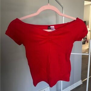 H&M Red Off-Shoulder Ribbed Crop Top
